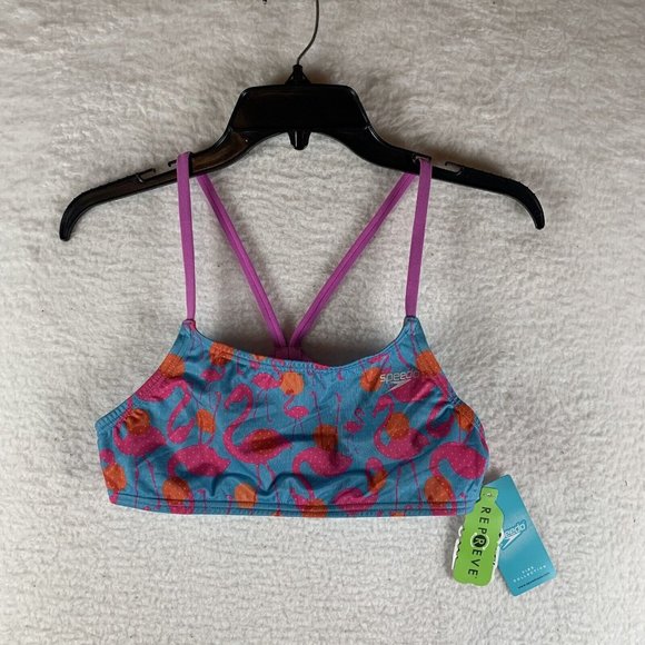 Speedo Bikini‎ Top Women's Large Blue Flamingo Dot Fixed Back Performance 8067 - Picture 1 of 6